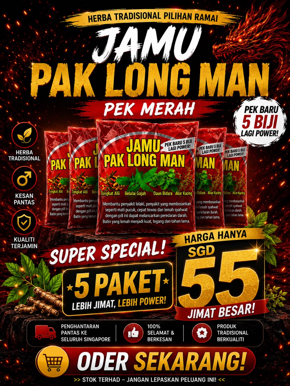 5 Paket Jamu Pak Long Man Pek Merah SGD55